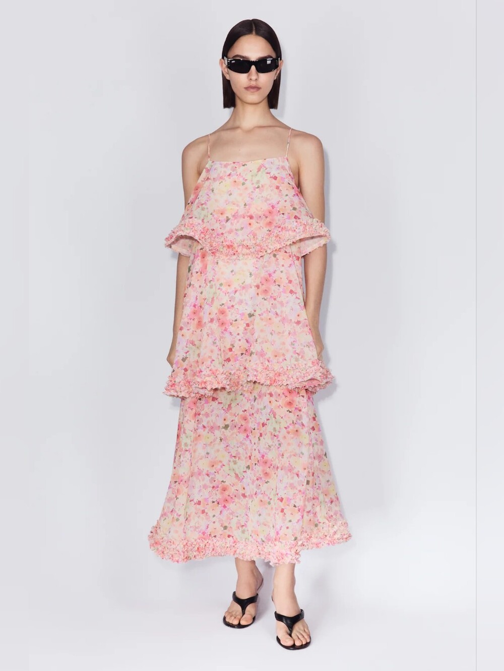 H&M Ruffle-detail Tiered Maxi Dress Floral Pink Size Large L